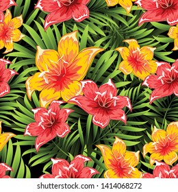 Seamless pattern of a tropical palm tree, jungle leaves and flowers. Hand drawing. Vector floral pattern.