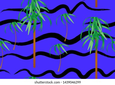 Seamless pattern of tropical palm tree on the graphic blue wavy background. Can be used for package design, flyer, fashion fabric.