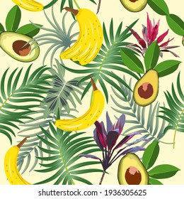 Seamless pattern with tropical palm tree leaves, avocado, banana and flowers. Botany vector background, jungle  wallpaper.