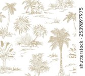 Seamless pattern with tropical palm trees scenery. Toile de Jouy style. Hand drawn illustration.