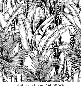 Seamless pattern with tropical palm trees, banana leaves and snake plants. Hand drawn vector. Black and white.