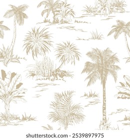 Seamless pattern with tropical palm trees scenery. Toile de Jouy style. Hand drawn illustration.