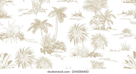 Seamless pattern with tropical palm trees landscape. Toile de Jouy style. Hand drawn vector illustration.