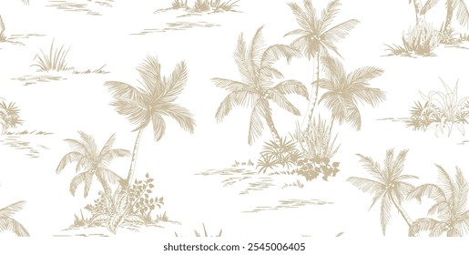 Padrão contínuo com cenário de palmeiras tropicais. Estilo Toile de Jouy. Ilustração de vetor desenhada à mão.