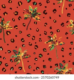 seamless pattern with tropical palm trees on a bold leopard print background. Ideal for summer fashion, textiles, swimwear, beachwear, posters, and vibrant home decor.