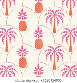 Seamless pattern with tropical palm trees and pineapples framed in dotted arches. Vibrant summer coastal design. Retro island design for fabric, wrapping paper, prints, artworks.	