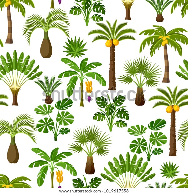 Seamless pattern with\
tropical palm trees. Exotic tropical plants Illustration of jungle\
nature.