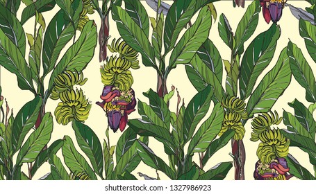 Seamless Pattern Tropical Palms with Banana Fruits Exotic Rainforest Realistic Illustration Hand drawn Jungle Horizontal 