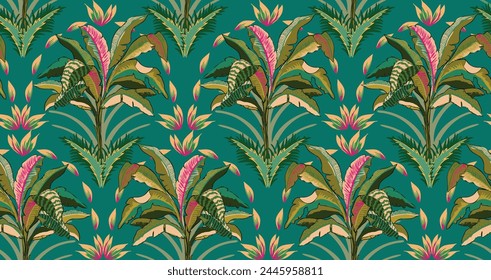 Seamless pattern with tropical palms. Linear style trees. Vector botanical illustration. Foliage design for wallpaper, textile paper and wrapping paper.