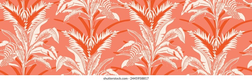 Seamless pattern with tropical palms. Linear style trees. Vector botanical illustration. Foliage design for wallpaper, textile paper and wrapping paper.