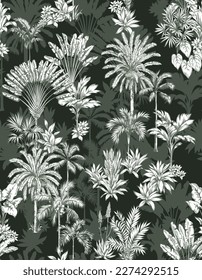 Seamless pattern with tropical palms. Plants in linear style. Vector botanical illustration. Foliage design for wallpaper and textile.