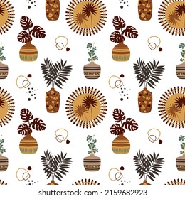 Seamless pattern, tropical palya leaves and flowers in vases and indoor pots, simple style vector illustration