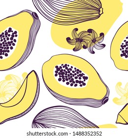 Seamless pattern of tropical papaya. Fruit, leaf, slice, flower. Vector hand drawn illustration texture in modern flat style for web, print posters, textile, children clothes, linens dress, wallpapers