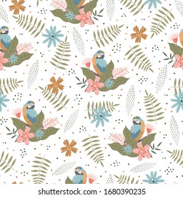 Seamless pattern with tropical parrot, leaves and flowers.