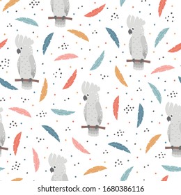 Seamless pattern with tropical parrot and multi-colored leaves.