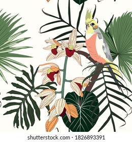 Seamless pattern with tropical parrots. Colorful exotic Birds, leaves, orchids flowers, plants and branches art print for textile, fabric, covers.