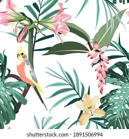 Seamless pattern with tropical parrots. Colorful exotic yellow Bird, leaves and pink flowers, plants and branches art print for textile, fabric, covers.