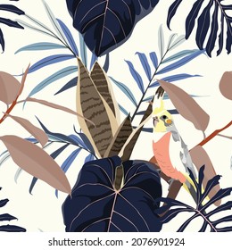 Patrón sin foco con loros tropicales. Coloridas Aves exóticas, hojas, orquídeas, flores, plantas y ramas de arte para tejidos, tejidos, cubiertas. Ilustración de color marrón azul.