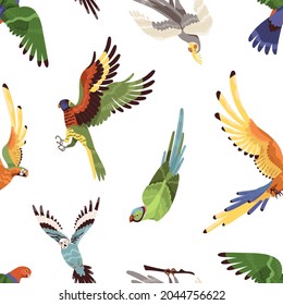 Patrón sin foco con loros tropicales volando sobre fondo blanco. Impresión repetitiva con aves plumas exóticas. Un paisaje interminable con fauna silvestre de la jungla. Ilustración vectorial plana de color para la decoración