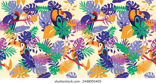 Seamless pattern with tropical parrots and leaves, tropical background for fabric printing.