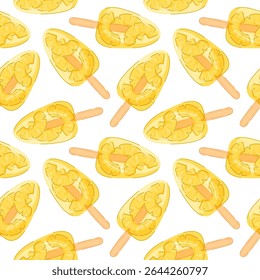 Seamless pattern of tropical pineapple ice pop and wooden stick on white background in cartoon style. Perfect for summer dessert packaging and fruity food design theme.
