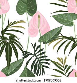 Nahtloses Muster mit tropisch rosa Blumen. Farbige exotische Pflanzen und Filialen sind Kunstdrucke für Textilien, Gewebe, Umschläge.