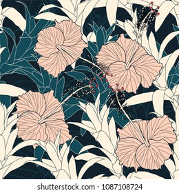 Nahtlose Muster tropisch mit rosafarbenen Hibiskus-Blumen und Bromeliade-Blättern auf dunkelgrünem Hintergrund.Flaches Design, Vektorgrafik.