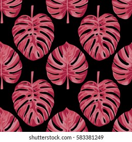 Seamless pattern of tropical pink monstera leaves isolated on black. Tropical wallpaper, textile print, exotic background.