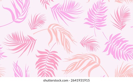 Seamless pattern of tropical pink palm leaves. Jungle light red leaves seamless vector floral pattern background. Vector illustration in trendy style.