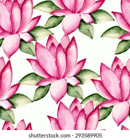 Seamless pattern with tropical pink water lilies. Watercolor hand drawing. Vector illustration