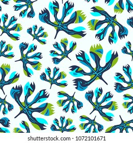 Seamless pattern with tropical plant leaves. Illustration for summer background web and wallpaper design. Color print on white backdrop