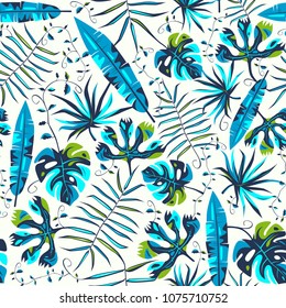 Seamless pattern with tropical plant leaves. Illustration for summer background web and wallpaper design. Color print on white backdrop