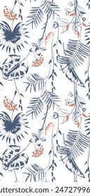 Seamless pattern with tropical plant leaves. Vector Illustration for summer background web and wallpaper design. Blue print on white backdrop
