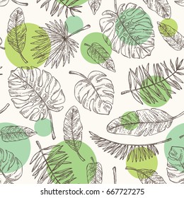 Seamless pattern with tropical plant and  tropical leaves. Vector hand drawn illustration.