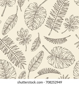 Seamless pattern with tropical plant and  tropical leaves. Vector set hand drawn illustration.
