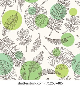 Seamless pattern with tropical plant and  tropical leaves. Vector set hand drawn illustration.