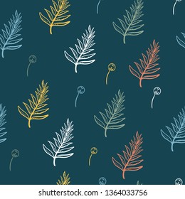 Seamless pattern of tropical plant and pines leaves floral in dark green background.