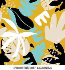 Patrón transparente de plantas tropicales y abstracción sobre fondo marrón. Diseño de vectores. Fondo floral.