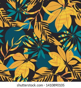 Seamless pattern with tropical plants and abstraction on black background. Vector design. Jungle print. Textiles and printing.