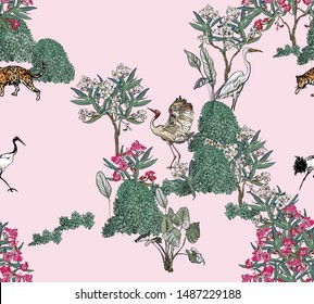 Seamless Pattern Tropical Plants Blooming Floral Trees with Exotic Birds Cranes and Leopard oin Spring Garden Oriental Asian Design Beautiful Illustration  on Pink Background Faded Gentle Colors