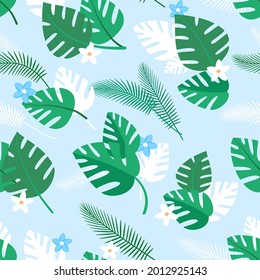 Seamless pattern with tropical plants and blue and white flowers. Summer background with green palm leaves. Simple vector wallpaper