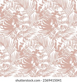 Seamless pattern with tropical plants. Botanical silhouettes of herbs and fern leaves with dried flowers in vector for textiles