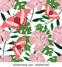Seamless pattern with tropical plants and butterflies. Red butterflies hover over flowers. Large hibiscus flower and monstera leaves on a white background for printing. 
