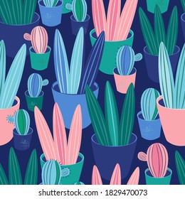 Seamless pattern tropical plants, cacti and succulents in various pot, vase. Background with home garden. Scandinavian cozy home decor. Vector cartoon illustration. Design for textile, decor, fashion