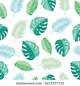 Seamless pattern with tropical plants in cartoon style. Vector illustration of beautiful pattern with exotic leaves: monstera, palm, banana leaves isolated on white background.Wrapping paper, fabrics.