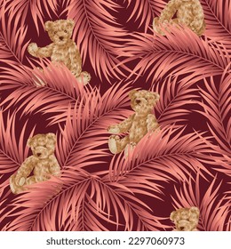 Seamless pattern with tropical plants and cute bears,