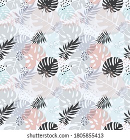 Seamless pattern with tropical plants, decorative leaves, stems on a white background. Vector illustration, flat design, eps 10.