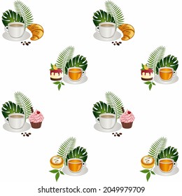 Seamless pattern with tropical plants, desserts, cups of coffee and tea. Vector illustration.