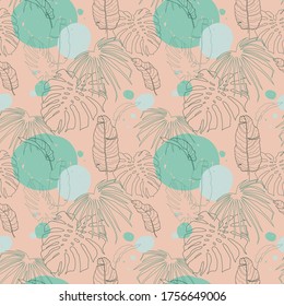 Seamless pattern with tropical plants. Different exotic leaves in lines. Decorative pattern. Background