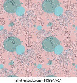 Seamless pattern with tropical plants. Different exotic leaves in lines. Decorative pattern. Background